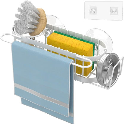 Cisily Kitchen Sink Caddy Sponge Holder in The Sink, Stainless Steel Kitchen Sink Organizer, Brush Holder, Dish Cloth Hanger, Sink Stopper Holder (Suction cup-White)