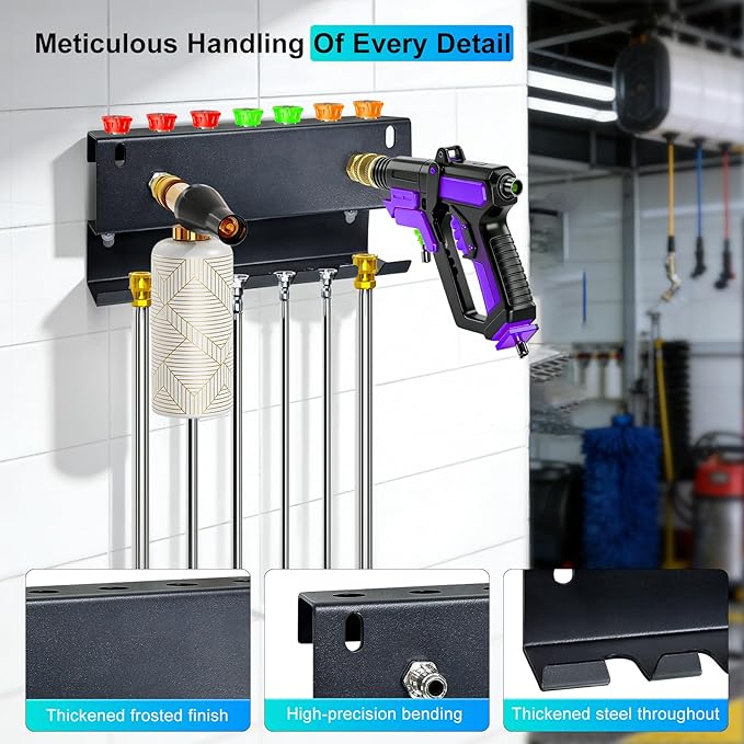 Wall-Mounted Pressure Washer Gun Holder - Universal 1/4" Quick Connect Rack for Gun, Foam Cannon & Nozzles | Rustproof Metal Storage for Garage, Car Wash, Garden(C-PWGH-S)
