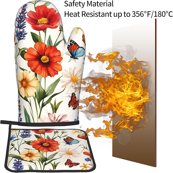 Cute Oven Mitts and Pot Holders Sets Poppy Daisy Flowers Kitchen Gloves Lavender Butterfly Hot Pads 2 Pieces Set Spring Summer Floral Kitchen Decor and Accessories