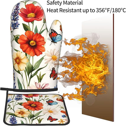 Cute Oven Mitts and Pot Holders Sets Poppy Daisy Flowers Kitchen Gloves Lavender Butterfly Hot Pads 2 Pieces Set Spring Summer Floral Kitchen Decor and Accessories