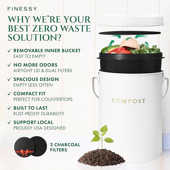 White 1.3 Gallon Indoor Compost Bin Kitchen Odorless with Lid for Composting Food Waste Bucket for Counters, Stainless Steel Kitchen Compost Bin Countertop Trash Can Scrap Container Composter Caddy