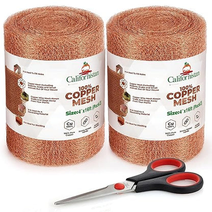 Copper Mesh Roll for Rodent Control | 4 Inch x 16 Feet | Pack of 2 Rustproof Copper Mesh | Rodent Bat and Snail Barrier | Hole Blocker for Gaps, Vents and Water Openings | Includes Scissor