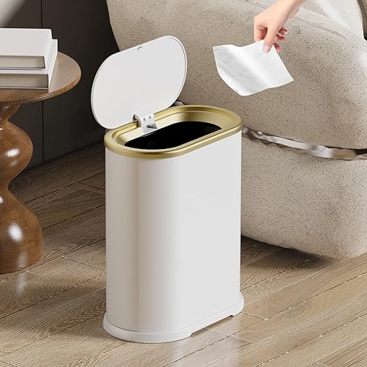 KSSKSS 1.8 Gallons Small White Bathroom Trash Can with Lid, Slim Bathroom Garbage Bin, Dog Proof Trash Can with Pop-Up Lid for Bedroom,Toile, White