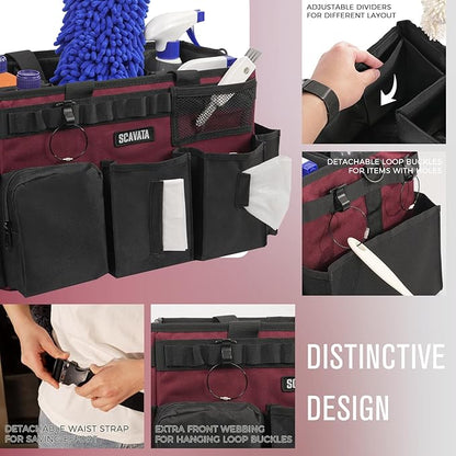 SCAVATA Wearable Cleaning Caddy Bag, Cleaning Caddy Supplies Organizer with Handle & Shoulder Straps for Housekeepers, Under Sink & Car Cleaning Tool Organizers with 4 Foldable Divider (Magenta)