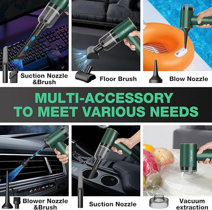 Car Vacuum Portable 4 in 1 Vacuum Cleaner 12000Pa Mini Handheld Vacuum Cordless Rechargeable 120W High Power Vacuum Cleaner & Air Duster Multi-Nozzles for Car Home Office Pet(Green)