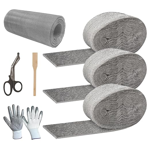 Steel Wool Mice Control - 3 Pack 2.75in x 13ft & 1 Pack Wire Mesh 5in x 15ft, Gap Filler for Pipes Home Garage Garden, DIY Kit with Gloves, Scissors and Wooden Stick