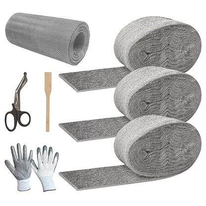 Steel Wool Mice Control - 3 Pack 2.75in x 13ft & 1 Pack Wire Mesh 5in x 15ft, Gap Filler for Pipes Home Garage Garden, DIY Kit with Gloves, Scissors and Wooden Stick