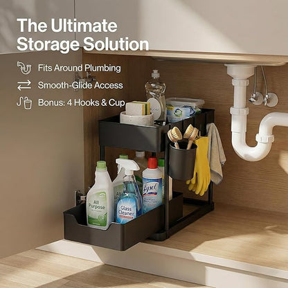 Under Sink Organizer – 2 Tier Sliding cabinet organizer with 4 Hooks & 1 Cup | Multi-Purpose Space Saving Shelf for under kitchen sink storage, Countertop, Bathroom, Pantry & Office Organization