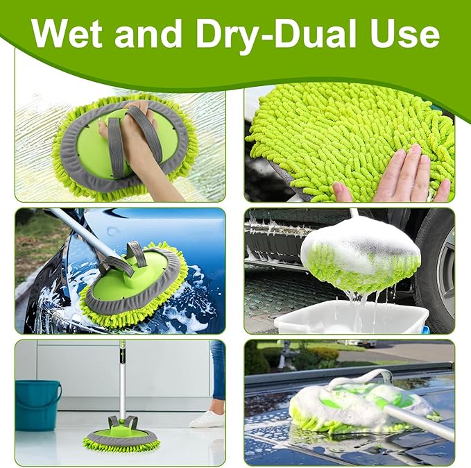 anngrowy 62" Microfiber Car Wash Brush Mop Kit Mitt Sponge with Long Handle,Upgraded 56.7" 15° Curved Car Wash Brush Car Washing Duste Exterior Scratch Free