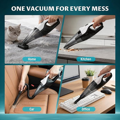 Handheld Vacuum Cordless, 6000Pa Strong Suction for Car Seats & Pet Hair, with USB and 5 m Car Charger, Portable with LED Light for Home Office, Lightweight