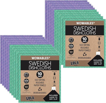 LOLA Swedish Dishcloths for Kitchen 20 Sheets, Biodegradable & Compostable Reusable Paper Towel Cleaning Cloths No Odor Washing Dishes Ultra Absorbent Cellulose Sponge Towel Made in Germany