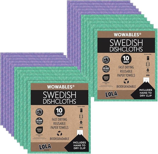 LOLA Swedish Dishcloths for Kitchen 20 Sheets, Biodegradable & Compostable Reusable Paper Towel Cleaning Cloths No Odor Washing Dishes Ultra Absorbent Cellulose Sponge Towel Made in Germany