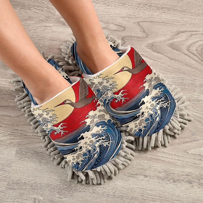 Microfiber Cleaning Slippers Japanese Sea Wave Washable Mop Shoes Slipper for Men/Women House Floor Dust Cleaner, Size L
