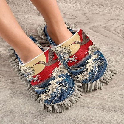 Microfiber Cleaning Slippers Japanese Sea Wave Washable Mop Shoes Slipper for Men/Women House Floor Dust Cleaner, Size L