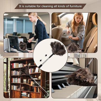 Telescopic Ostrich Feather Duster, 59-inch Naturally Fluffy Long-Handled Feather Duster, Soft, Durable and Reusable for Cleaning high Ceilings, Walls, Fans, Furniture and Blinds in The Home Office