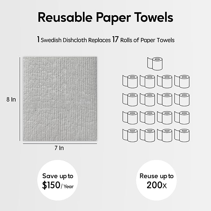 Eulnars Swedish Dishcloths for Kitchen, 10 Pack Reusable Paper Towels Washable, Ultra Absorbent Dish Towels for Washing Dishes, Non-Scratch Cellulose Sponge Cloths, No Odor, Biodegradable