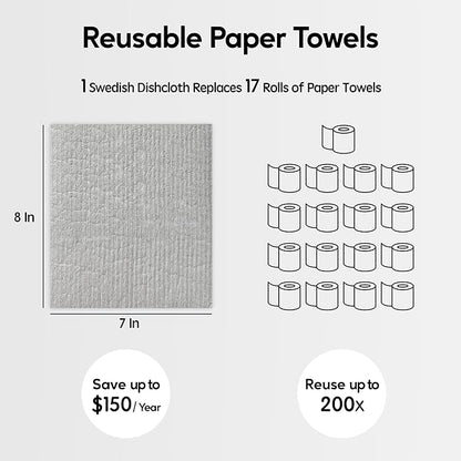 Eulnars Swedish Dishcloths for Kitchen, 10 Pack Reusable Paper Towels Washable, Ultra Absorbent Dish Towels for Washing Dishes, Non-Scratch Cellulose Sponge Cloths, No Odor, Biodegradable