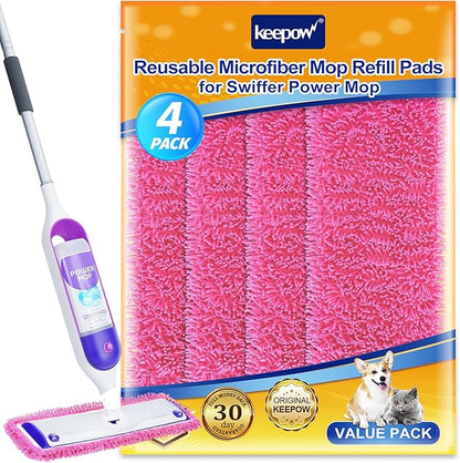 KEEPOW Reusable Microfiber Mop Pads for Swiffer PowerMop, 4 Count, Pink, Machine Washable, Compatible with 13-15 Inch Spray Mop, Multi-Surface Floor Cleaning