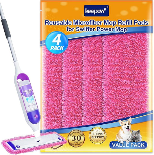 KEEPOW Reusable Microfiber Mop Pads for Swiffer PowerMop, 4 Count, Pink, Machine Washable, Compatible with 13-15 Inch Spray Mop, Multi-Surface Floor Cleaning
