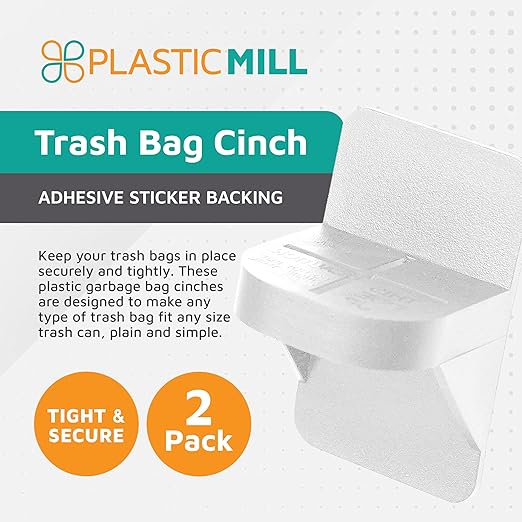 PlasticMill Trash Bags Cinch, White, 2 Pack, To Hold Garbage Bags In Place. Item dimensions when placed on the can is 3 inches high and sticks out 2 inches.