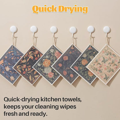 JOYMOOP 12 Pack Decorate Cleaning Cloth (Simple Floral of Decorative Series), Reusable Absorbent Dish Towels, Non-Scratch Washable Rags for Cookware, Kitchen and Household Cleaning - 6.7×7.9 inch