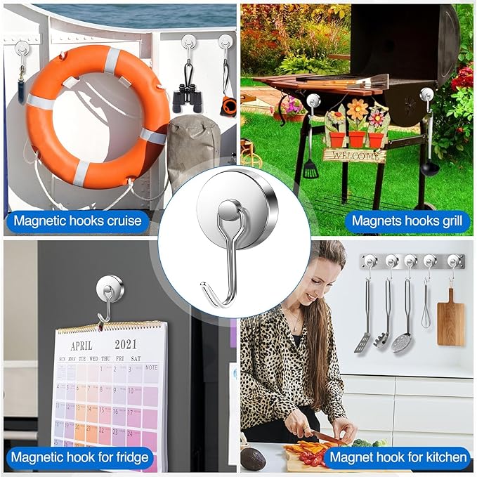 LOVIMAG Hooks, 120lbs+ Magnetic Magnet Hook 2025 Cruise Cabin Ship Essentials Heavy Duty Strong Refrigerator Fridge Hanging for Classroom Beach Vacation Kitchen Grills Home Mug Hanger (8 Pack), Silver
