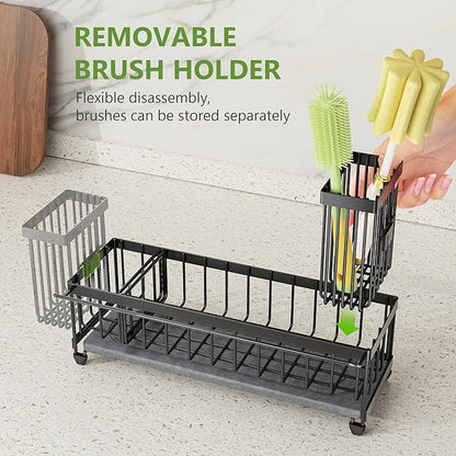 Cisily Large Sink Caddy Organizer with Towel Holder, Quick Dry Sponge Holder for Kitchen, Black Dish Brush Holder for Countertop, Kitchen Decor Storage and Essentials