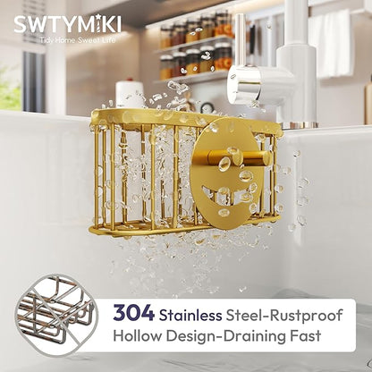 SWTYMIKI Sponge Holder for Kitchen Sink - Movable Sink Caddy with Smiley Face Sponge Holder, Rustproof Hanging Sponge Organizer in Double Bowl Sinks Depth>3.15in, Middle Divider<1.5in, Gold