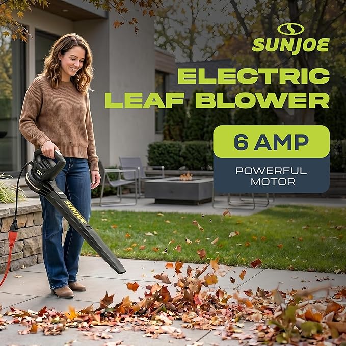 Sun Joe Corded Electric Leaf Blower Machine, 155 MPH, 260 CFM, 6-Amp Motor, Black - Portable and Lightweight Gardening Equipment for Yard Care and Lawn Maintenance, SBJ597E