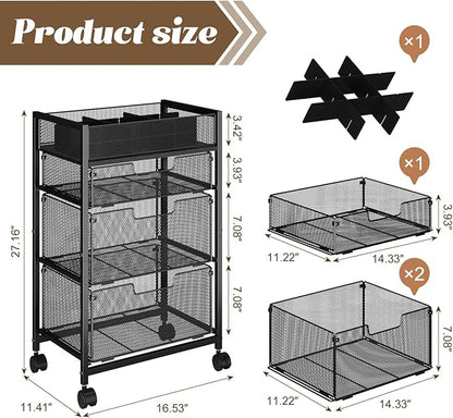 4-Tier Rolling Utility Cart with 3 Drawers, Craft Organizer and Storage with DIY Divider, Art-Craft Supplies with Caster Wheels, Multi-Functional Storage for Classroom, Office, Paints, Artifacts