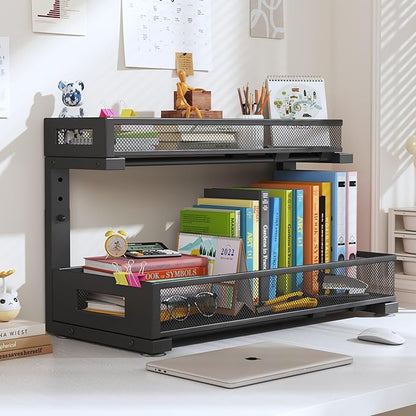 2 Pack 19IN Depth Under Sink Storage Organizer, Large 2-Tier Elegant Mesh Pull Out Shelf for Kitchen and Bathroom Cabinet Organization, L-Shaped and Adjustable Height Design-Black