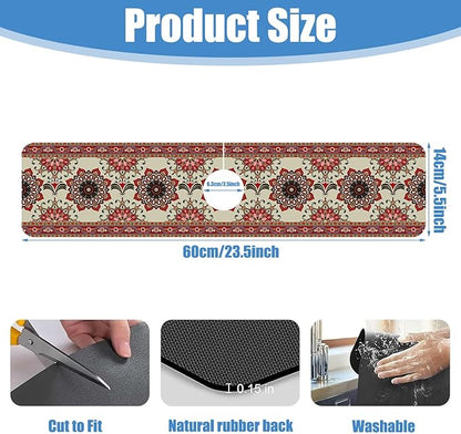 Sink Faucet Absorbing Mat Red Retro Boho Sink Splash Guard Drying Mat for Kitchen Bathroom Faucet Sinkmat 23.5"X5.5"