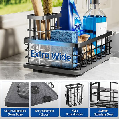 Extra Large Kitchen Sink Caddy Organizer, Stainless Steel Sponge Holder for Kitchen Sink with Brush Holder, Diatomite Stone Sink Tray for Soap Dispenser, Sponge, Kitchen Essentials and Gadgets, Black