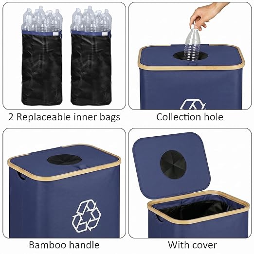 iEGrow 29 Gallons Recycling Bins for Kitchen, Indoor Recycle Bins with Lid, 110L Large Recycle bin with 2 Removeable Reusable Inner Bags, for Bottles Cans Glass Plastice Cartons(Blue)