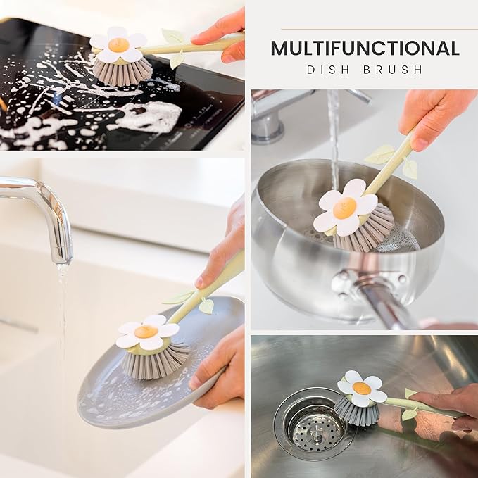 Vigar Florganic Dish Brush with Holder - Dish Scrubber with Handle for Dishes, Kitchen Sink Cleaning Brush, Pot Scrubber, Kitchen Scrub Brush, Dishwashing Brush Tool for Sink Cleaning - Orange