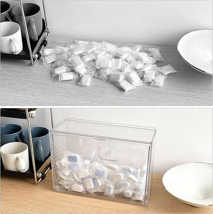 Clear Dishwasher Detergent Pod Holder for Kitchen Cabinet, Plastic Under Sink Storage and Organizer for Lid, Sponge, Coffee Pods, Large Laundry Pods Dispenser Box with Divider