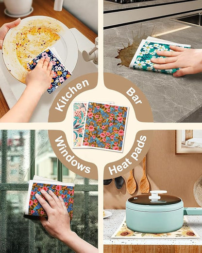 Miss Adola Swedish Dishcloths for Kitchen with Hooks - Reusable Dish Cloths for Washing Dishes Fast Drying Cute Fun 5 Pack Swedish Dish Towels Washable Cleaning Sponge, Color Floral Cluster