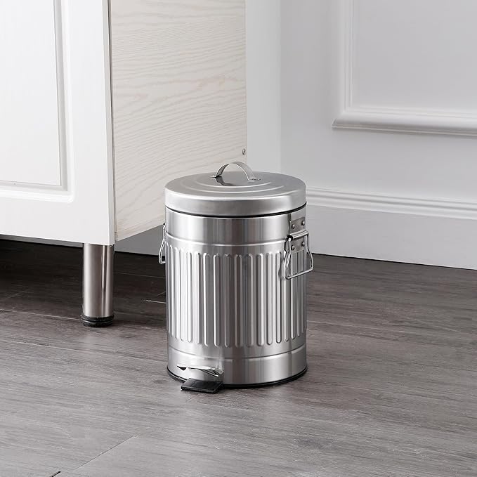 happimess HPM1018E Theo Retro 8-Gallon Step Trash Can with Soft-Close Lid and Free Mini Trash Can for Home, Kitchen, Bathroom, Living Room, Office, Platinum Silver