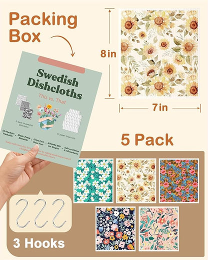 Miss Adola Swedish Dishcloths for Kitchen with Hooks - Reusable Dish Cloths for Washing Dishes Fast Drying Cute Fun 5 Pack Swedish Dish Towels Washable Cleaning Sponge, Color Floral Cluster