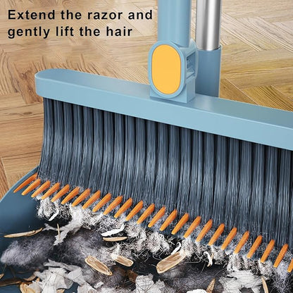YOXIER Broom and Dustpan Set,Buckle Type Brooms and Dustpan Set with Scraping Teeth & Scraper,Brooms Indoor 180° Rotatable,Long Handle Broom Dustpan Set for Home Office Floor Cleaning Blue