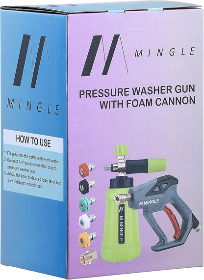 M MINGLE High Pressure Washer Gun Snow Foam Lance, 4000 PSI Cannon Foam Blaster Power Washer with 1/4" Quick Connector, Car Wash Foam Cannon Kit with 5 Pressure Washer Nozzle Tips, 1 Liter