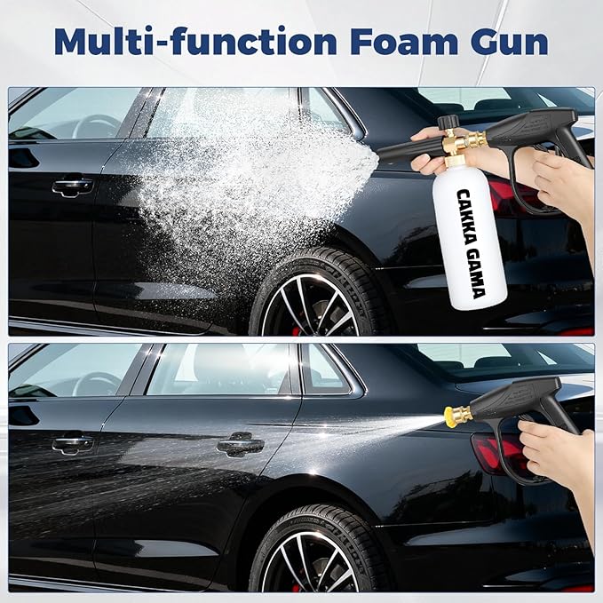 Pressure Washer Gun with Foam Cannon, Car Wash Foam Gun Kit 1/4 Inch Quick Connector, Adjustable Soap Cannon with 5 Pressure Washer Nozzle Tips, Adapter, 1 Liter, A Fluorescent Green Glove