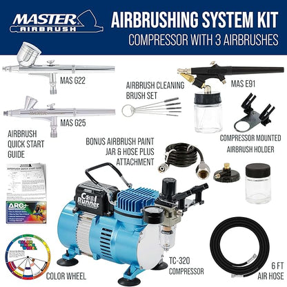 Master Airbrush Cool Runner II Airbrush Kit with Dual Fan Air Compressor, 3 Airbrushes, Cleaning Brushes, Holder, Color Mixing Wheel & How-To Air Brush Manual, Gravity & Siphon Feed