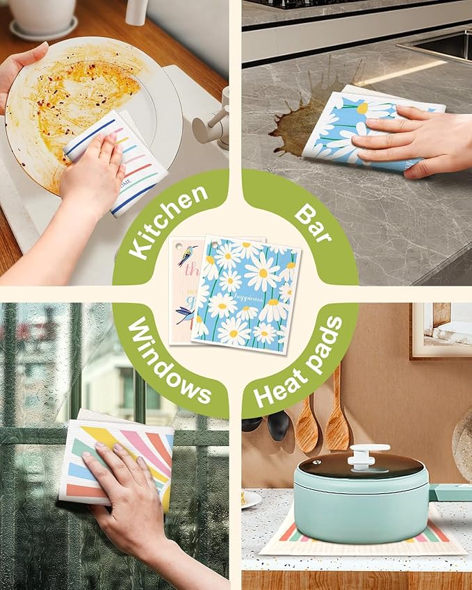 Miss Adola 6 Pack Swedish Dishcloths for Kitchen - Reusable Dish Cloths for Washing Dishes Absorbent Cute Funny Kitchen Towels Cleaning Sponge, Rainbow