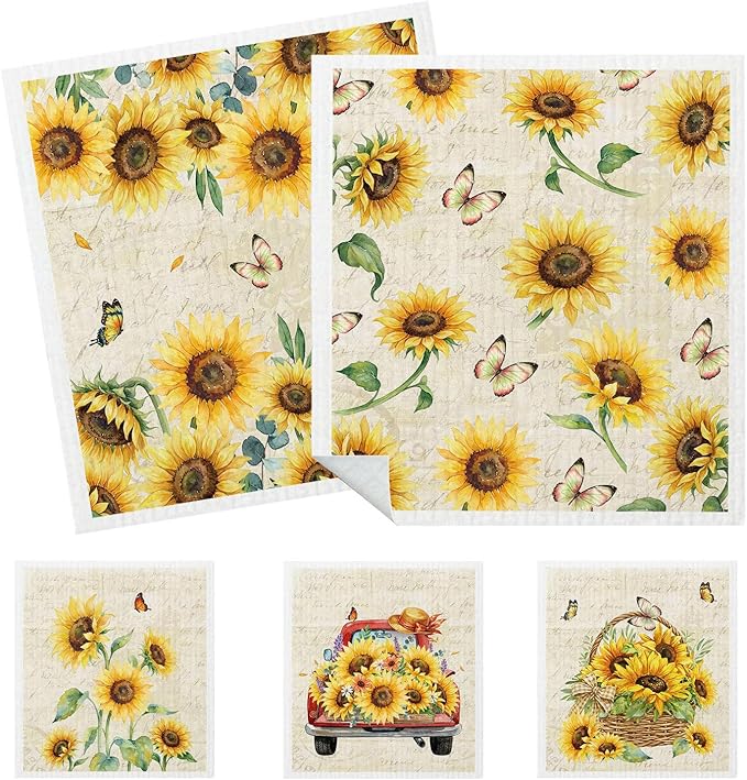 5 Pack Mixed Colorful Sunflower Swedish Kitchen Dishcloths Dish Towels, Farmhouse Sunflower Dish Towels, Swedish Dishcloth, Paper Towels Reusable, Dish Cloth Towel Cleaning Wipe for Kitchen