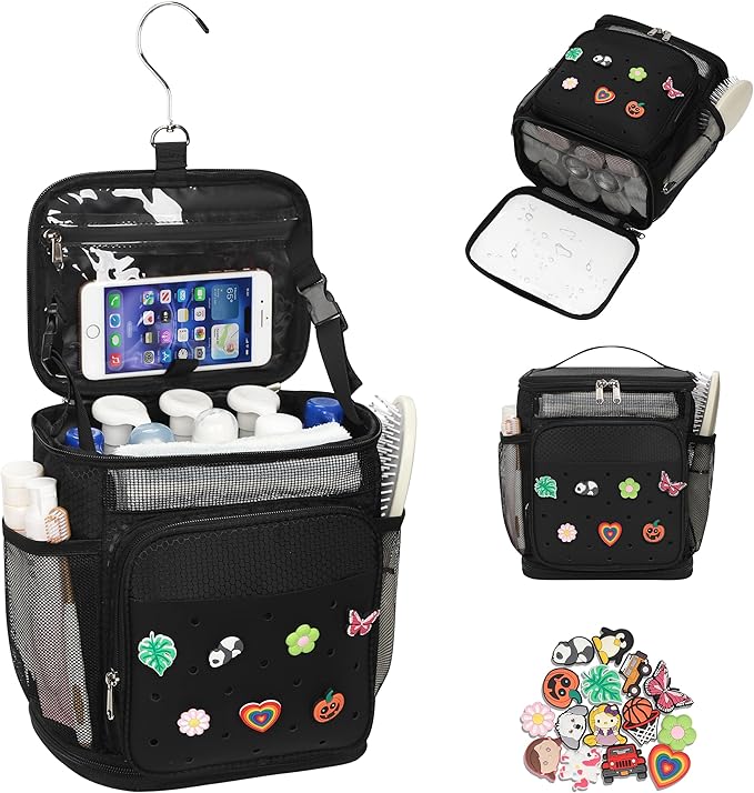 Shower Caddy Portable, Hanging Shower Caddy for College Dorm Room Essentials, Mesh Shower Bag with DIY Decoration Charms, Large Capacity Toiletry Bag for Gym, Swiming, Camping, Bathroom, Beach, Travel