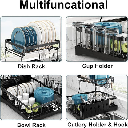 Dish Drying Rack, 2 Tier Dish Racks for Kitchen Counter, Large Stainless Steel Kitchen Dish Drying Rack with Drainboard, Detachable Dish Drainers with Utensil Holders
