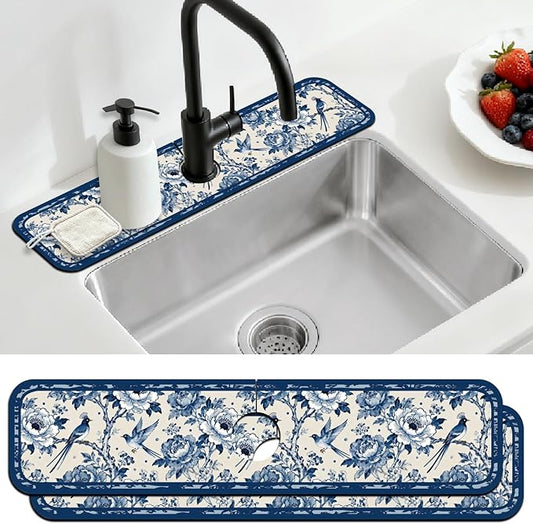 2 Pcs Kitchen Sink Splash Guard Faucet Mats Vintage Porcelain Flowers and Birds Pattern Faucet Mat for Sinks Absorbing Drying Mat for Kitchen Bathroom, 23.6x5.5inch