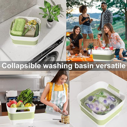 MontNorth 2.4 Gal Collapsbile Wash Basin with Drian Plug,9L Dish Pan for Soaking Baby Bottles,Portable Sink, Multiuse Foldable Bucket,Ice Beverage Tubs for Camping, Vegetable Washing, RV (Green)