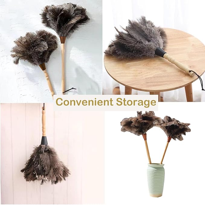 Ostrich Feather Dusters, Naturally Soft, Easy to Dust, Multi-Purpose Use, Solid Wood Handle, 17.3'' Long, Gray